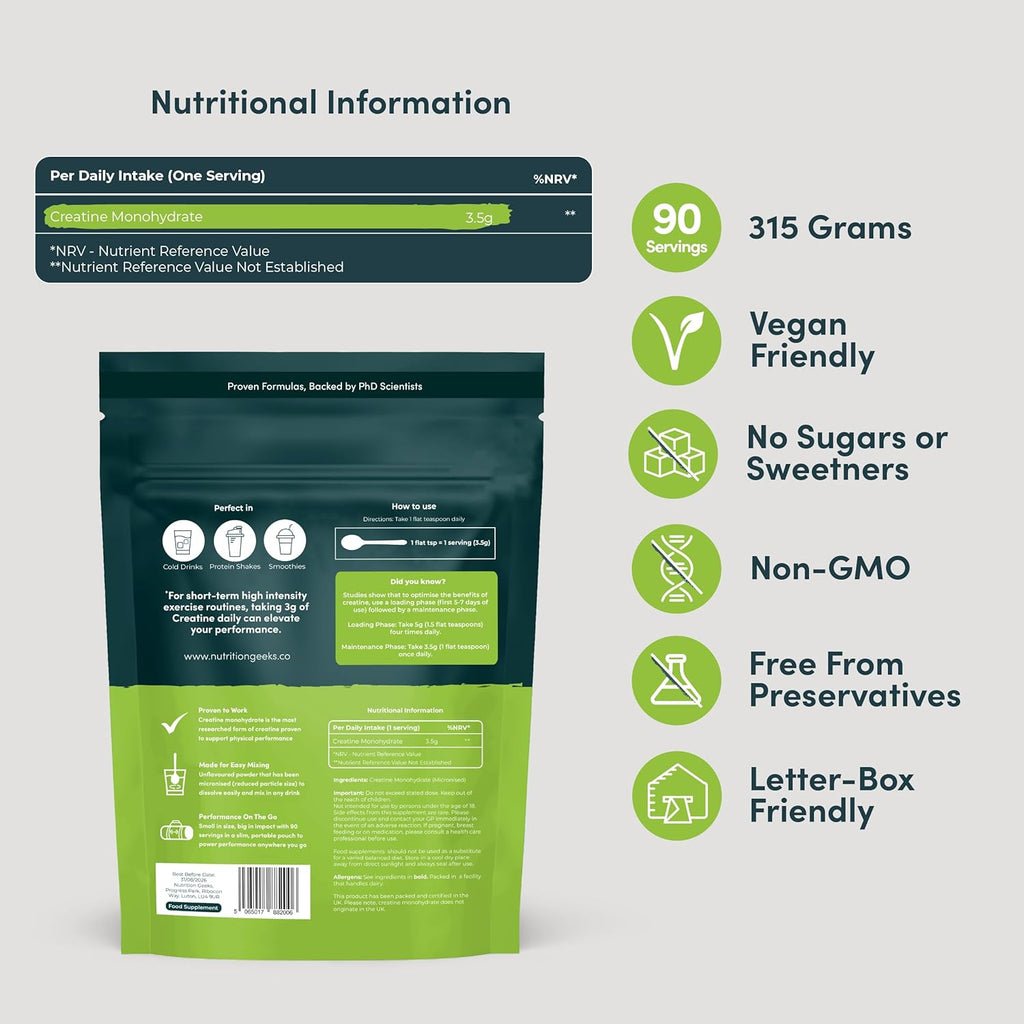 Pure Creatine Monohydrate Powder - 315G (90 Servings) - Easy Dissolve Creatine Powder, Unflavoured & Micronised (Not Creatine Gummies or Creatine Tablets), Vegan Creatine for Women and Men