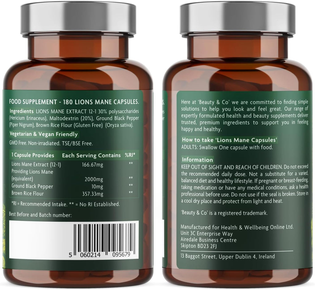 Lions Mane 2000Mg with Black Pepper 180 Capsules - 6 Months Supply of High Strength Lions Mane from  Brand, 1 Capsule = 1 Serving, Vegan, Made in the UK.