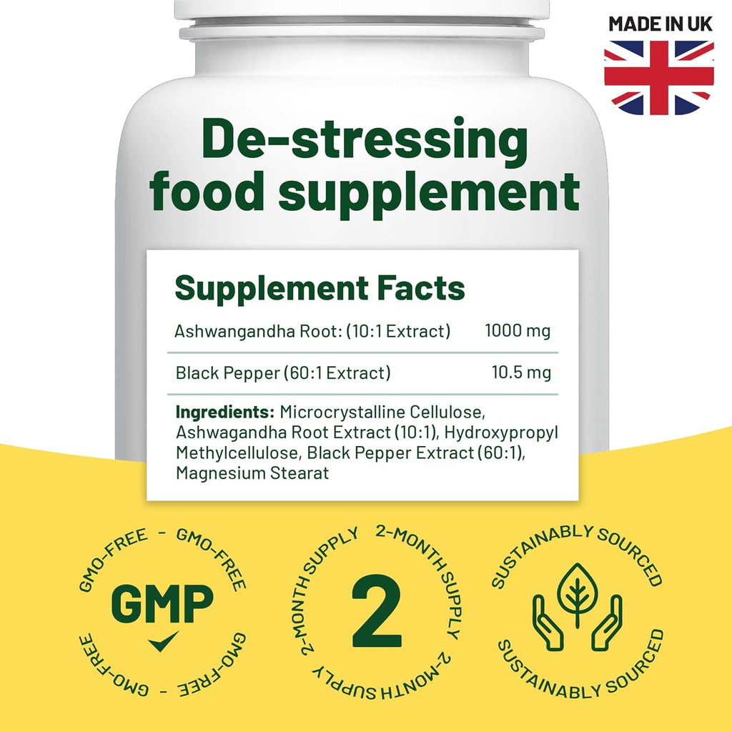 Ashwagandha High Strength 1000Mg, Cortisol Reducing Supplements, Organic Ashwagandha Capsules with Black Pepper to Reduce Stress Hormones and Fatigue. Ashwagandha Supplements. Ashwaganda Tablets