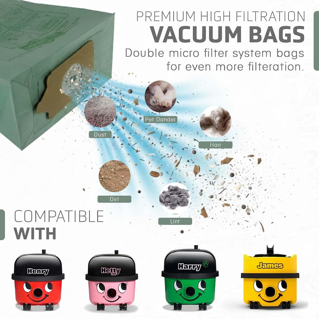 Henry Hoover Bags 10 Pack, Premium Vacuum Bags for Henry, Hetty, Numatic, & Hoover Vacuum Cleaners – Compatible with HVR200, NV200, NV225, Pet Hair & Dust Filtration, Reusable & Durable