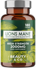 Lions Mane 2000Mg with Black Pepper 180 Capsules - 6 Months Supply of High Strength Lions Mane from  Brand, 1 Capsule = 1 Serving, Vegan, Made in the UK.