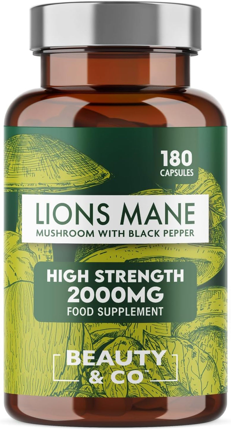 Lions Mane 2000Mg with Black Pepper 180 Capsules - 6 Months Supply of High Strength Lions Mane from  Brand, 1 Capsule = 1 Serving, Vegan, Made in the UK.