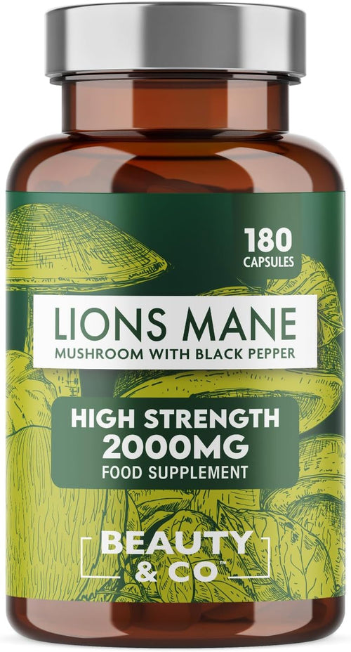 Lions Mane 2000Mg with Black Pepper 180 Capsules - 6 Months Supply of High Strength Lions Mane from  Brand, 1 Capsule = 1 Serving, Vegan, Made in the UK.