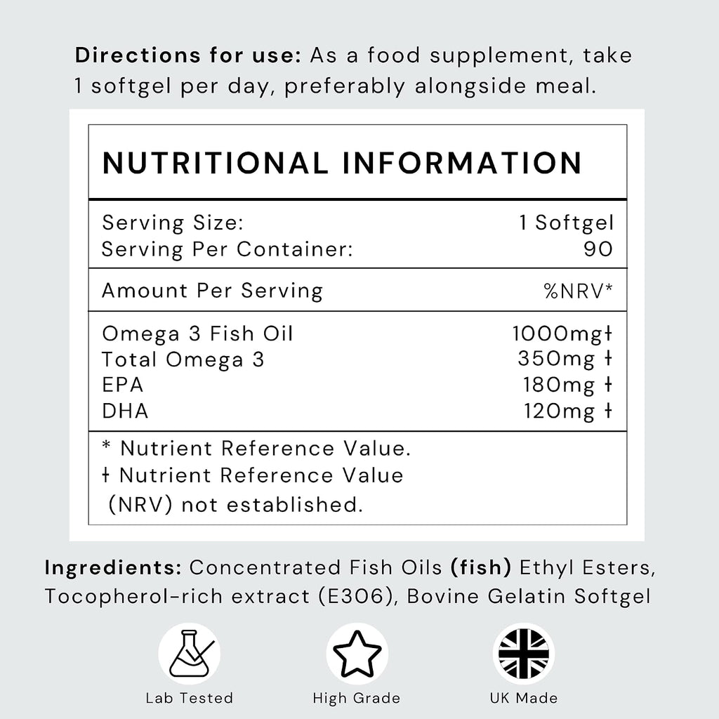 Omega 3 Capsules High Strength with EPA & DHA, (Fish Oil 1,000Mg, EPA 180Mg, DHA 120Mg) Joint Care Supplements, Essential Fatty Acids & Oils Nutritional Supplements (90 Day Supply) UK Made