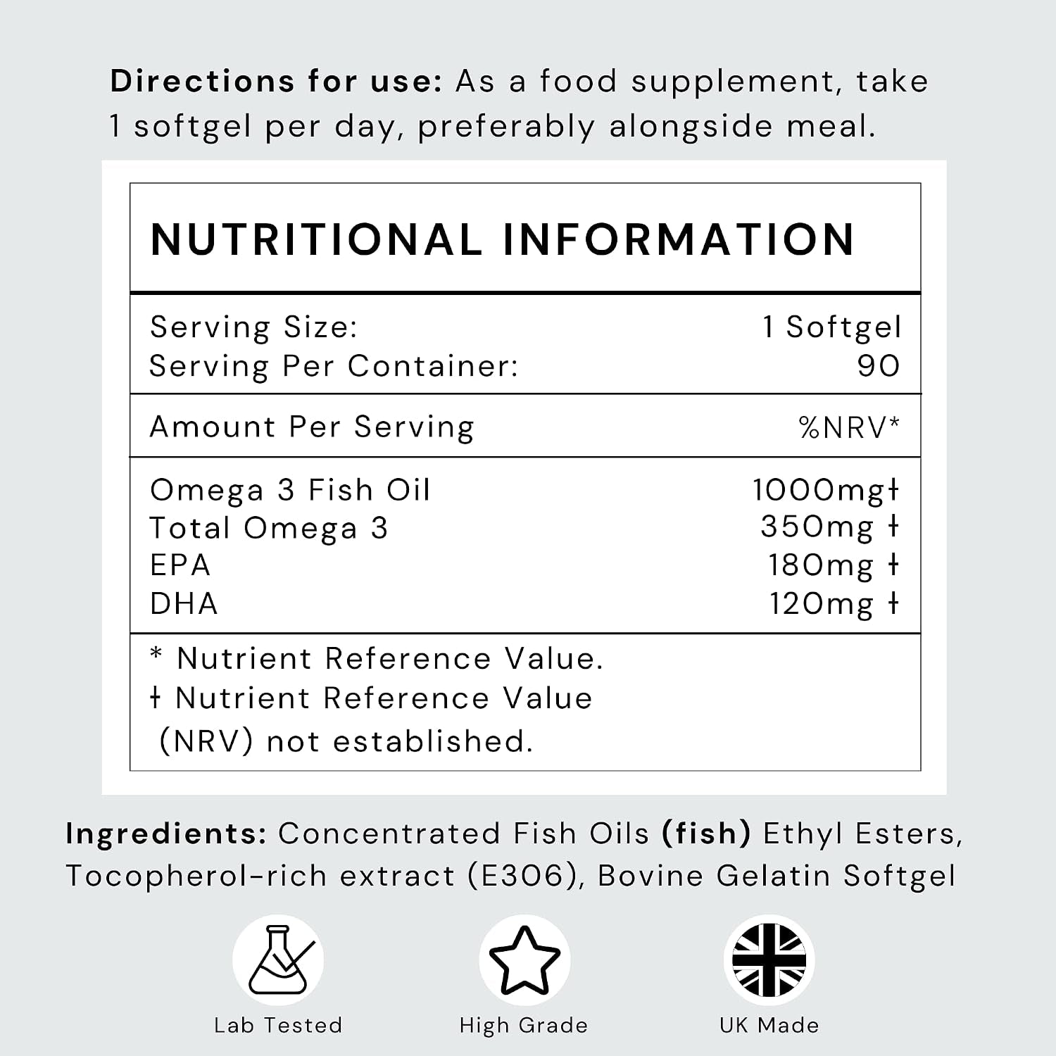 Omega 3 Capsules High Strength with EPA & DHA, (Fish Oil 1,000Mg, EPA 180Mg, DHA 120Mg) Joint Care Supplements, Essential Fatty Acids & Oils Nutritional Supplements (90 Day Supply) UK Made
