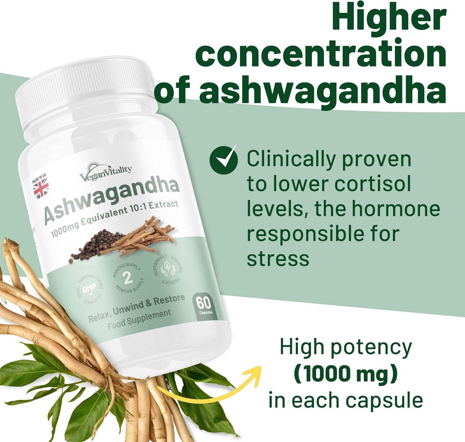 Ashwagandha High Strength 1000Mg, Cortisol Reducing Supplements, Organic Ashwagandha Capsules with Black Pepper to Reduce Stress Hormones and Fatigue. Ashwagandha Supplements. Ashwaganda Tablets