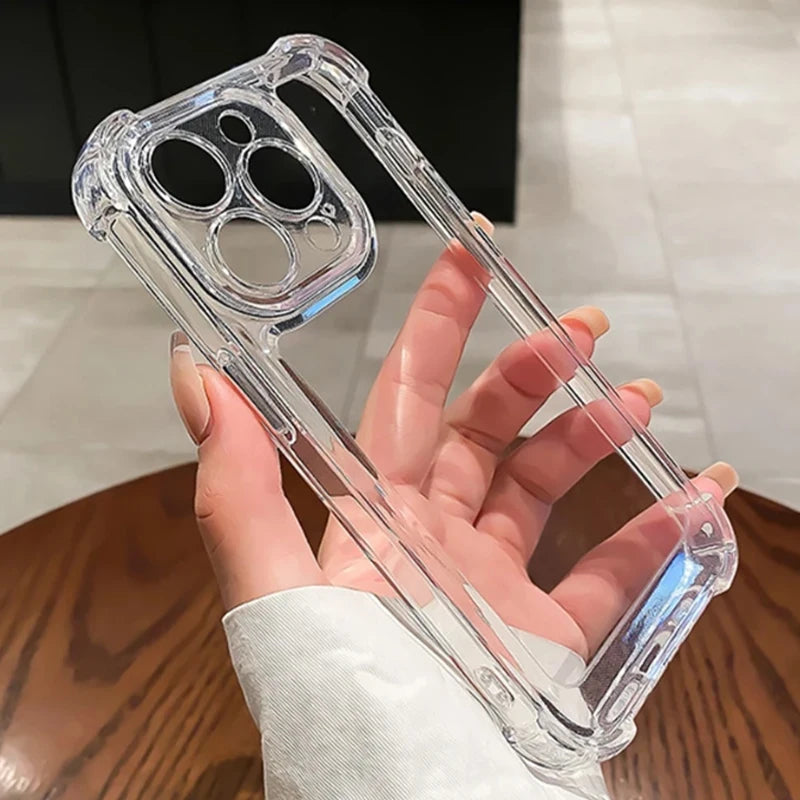Shockproof Phone Case for iPhone 11 12 13 14 15 16 17 Pro Max Plus Transparent Bumper Acrylic Hard Back Cover Silver Button