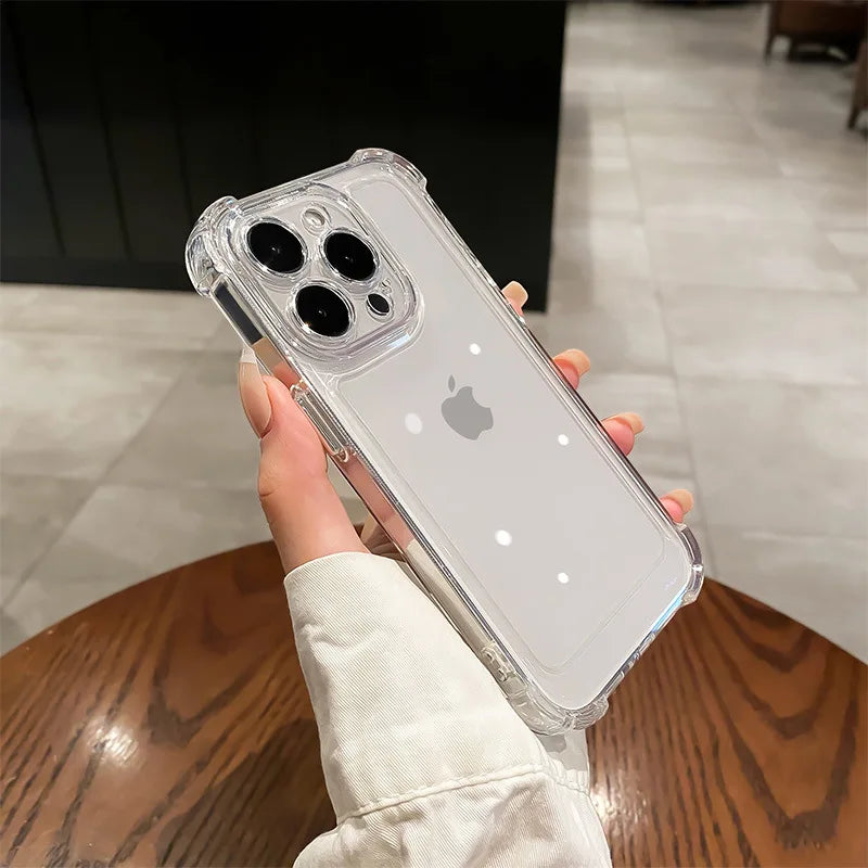 Shockproof Phone Case for iPhone 11 12 13 14 15 16 17 Pro Max Plus Transparent Bumper Acrylic Hard Back Cover Silver Button