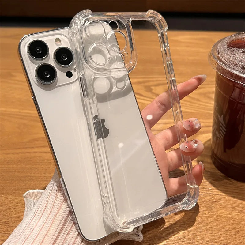 Shockproof Phone Case for iPhone 11 12 13 14 15 16 17 Pro Max Plus Transparent Bumper Acrylic Hard Back Cover Silver Button