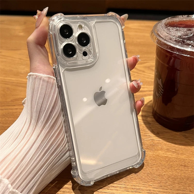 Shockproof Phone Case for iPhone 11 12 13 14 15 16 17 Pro Max Plus Transparent Bumper Acrylic Hard Back Cover Silver Button