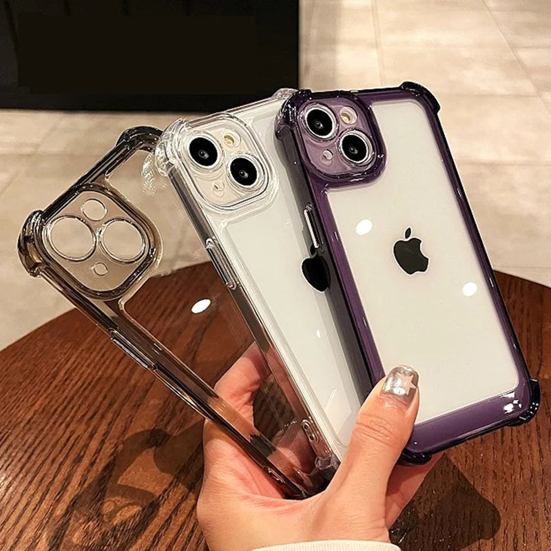 Shockproof Phone Case for iPhone 11 12 13 14 15 16 17 Pro Max Plus Transparent Bumper Acrylic Hard Back Cover Silver Button