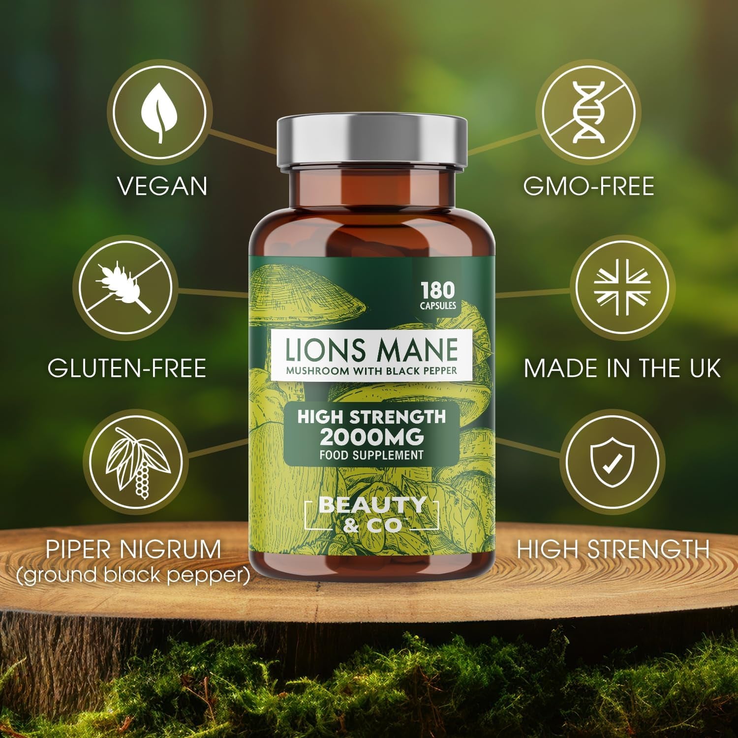 Lions Mane 2000Mg with Black Pepper 180 Capsules - 6 Months Supply of High Strength Lions Mane from  Brand, 1 Capsule = 1 Serving, Vegan, Made in the UK.