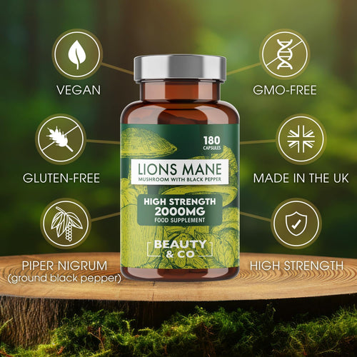 Lions Mane 2000Mg with Black Pepper 180 Capsules - 6 Months Supply of High Strength Lions Mane from  Brand, 1 Capsule = 1 Serving, Vegan, Made in the UK.