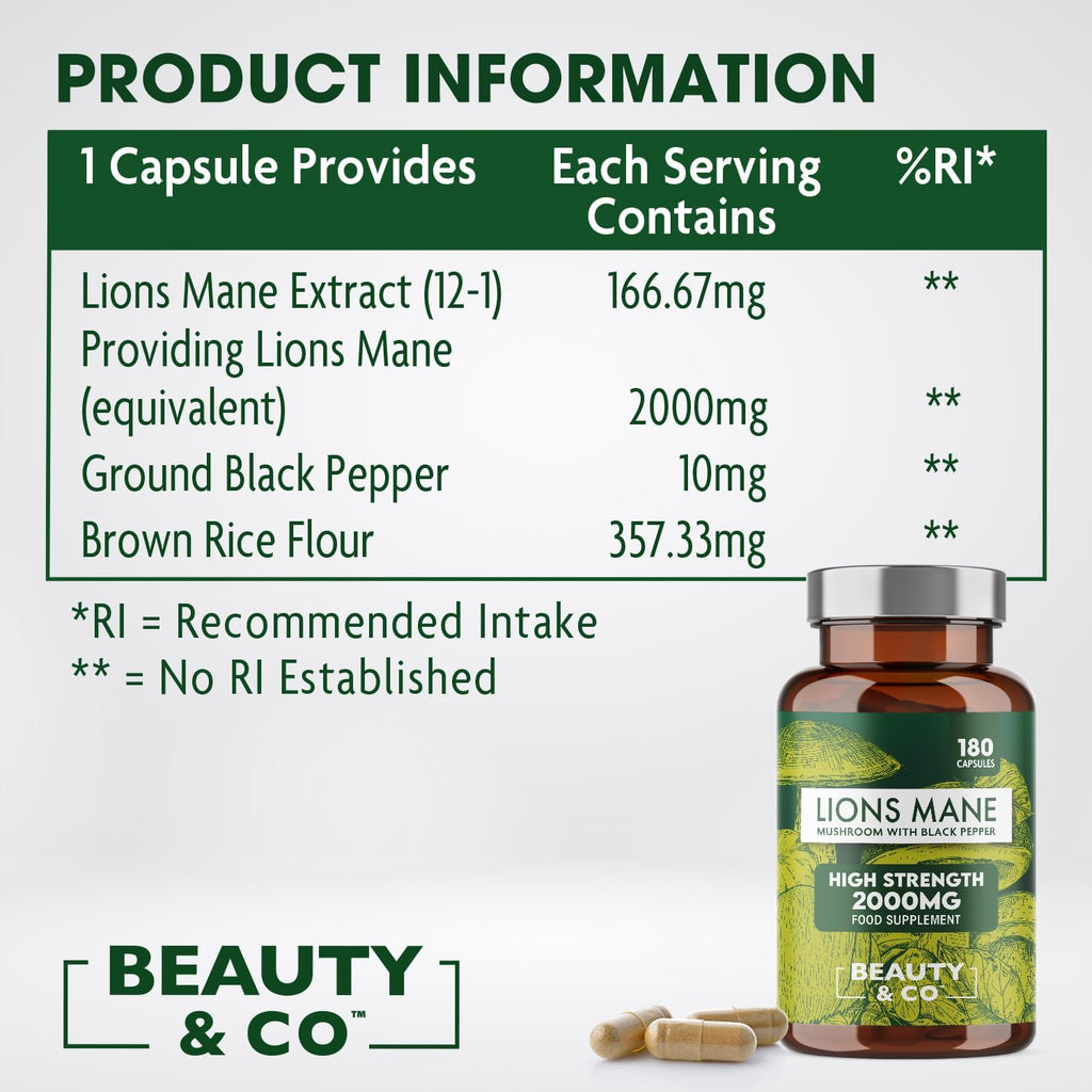 Lions Mane 2000Mg with Black Pepper 180 Capsules - 6 Months Supply of High Strength Lions Mane from  Brand, 1 Capsule = 1 Serving, Vegan, Made in the UK.